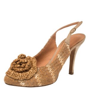 luxury-women-dolcegabbana-used-shoes-p405073-008 Dolce & Gabbana Tan And Beige Leather And Raffia Flower Slingback Pumps Size 37