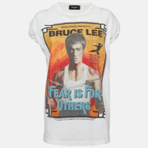 Dsquared2 White Bruce Lee  Print Jersey Ruched Sleeve Top XS