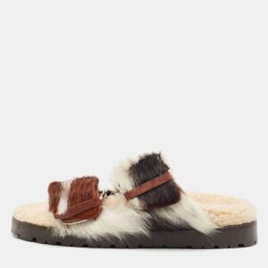 Dsquared2 Brown/Cream Calfhair Buckle Slide Flats Size 37