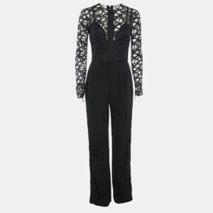 Elie Saab Black Crepe and Lace Full Sleeve Jumpsuit M