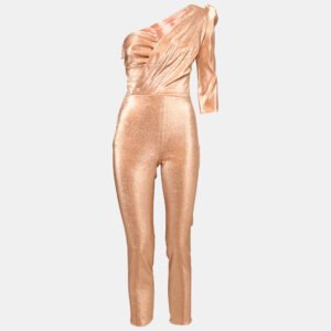 Elisabetta Franchi Rosegold Metallic Jersey One Shoulder Jumpsuit S