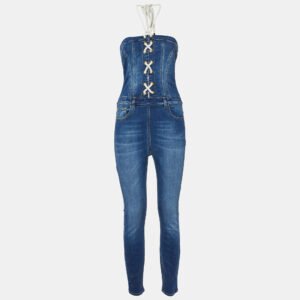 Elisabetta Franchi Blue Denim Lace-Up Detail Off-Shoulder Jumpsuit M