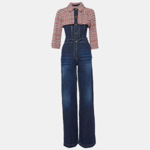 Elisabetta Franchi Blue Denim Tweed Trim Jumpsuit L