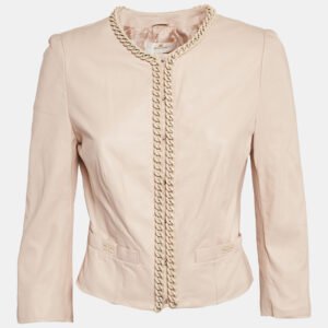 Elisabetta Franchi Gold Pink Chain Embellished Leather Jacket L