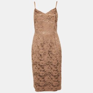 Elisabetta Franchi Taupe Lace Sleeveless Fitted Dress XL