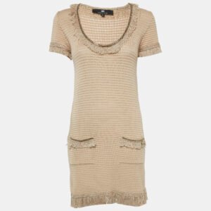 Elisabetta Franchi Beige Cotton Blend Knit Fringed Mini Dress M