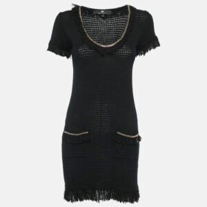 Elisabetta Franchi Black Cotton Blend Knit Fringed Mini Dress M