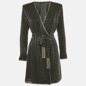 Elisabetta Franchi Black Embellished Crepe Mini Wrap Dress M