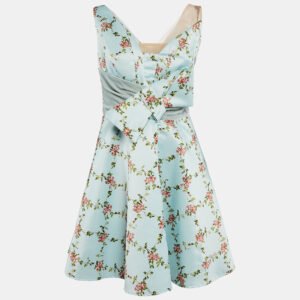 Elisabetta Franchi Green Floral Print Satin Bow Detail Fit and Flare Dress M