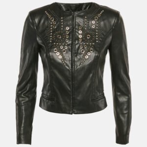 elisabetta franchi black studded faux leather biker jacket s