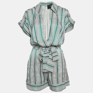 Elisabetta Franchi Green Stripe Crepe Belted Playsuit S