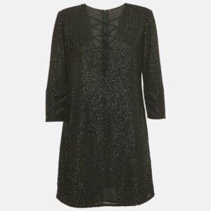 Elisabetta Franchi Black Beaded Chiffon Lace-Up Mini Dress L