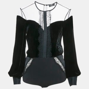 Elisabetta Franchi Black Velvet Lace Trimmed Bodysuit Top M
