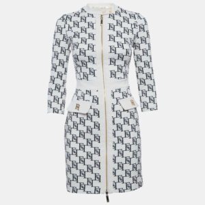 Elisabetta Franchi Cream Logo Print Stretch Crepe Bodycon Dress S