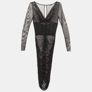 Elisabetta Franchi Black Ruched Mesh Midi Dress M