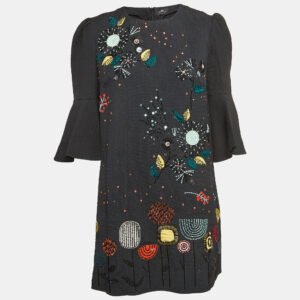 luxury-women-elisabetta-franchi-used-clothes-p943779-005 Elisabetta Franchi Black Sequin and Beads Embellished Crepe Bell Sleeve Mini Dress M