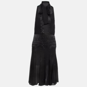 luxury-women-elisabetta-franchi-used-clothes-p962960-001 Elisabetta Franchi Black Satin Trim Chiffon Detachable Tie-Up Sleeveless Dress M