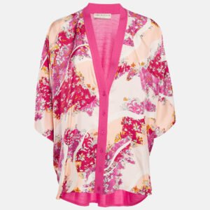 Emilio Pucci Pink Printed Silk Wool Short Sleeve Cardigan L