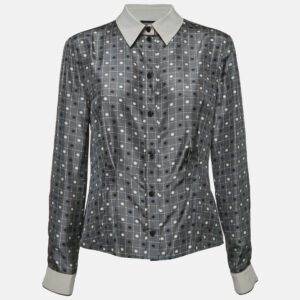 Emporio Armani Grey Dots and Checks Print Silk Pleated Shirt L