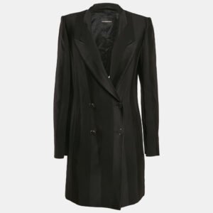 emporio armani black stripe wool blend double breasted mid-length coat xl