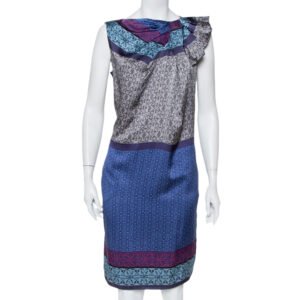 luxury-women-emporio-armani-used-clothes-p415184-002 Emporio Armani Blue Printed Silk Draped Neck Detail Shift Dress M