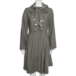 Emporio Armani Grey Wool And Cashmere Ruffled Neck Hooded Coat S