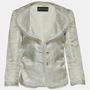 Emporio Armani Grey Checked Linen Blend Ruffle Detail Jacket M
