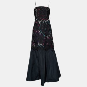 luxury-women-emporio-armani-used-clothes-p714952-002 Emporio Armani Black Printed Satin & Lace Overlay Maxi Dress M