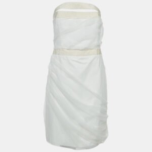 Emporio Armani Off White Tulle Ruched Halter Neck Mini Dress S