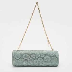 Escada Metallic Green Lace and Satin Tube Chain Clutch
