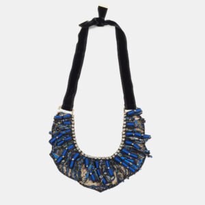 Etro Blue Silk Brocade Crystal Bead Statement Fabric Necklace