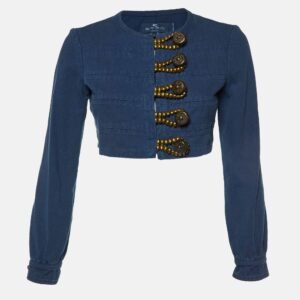 Etro Blue Gabardine Cotton Button Detail Cropped Jacket S
