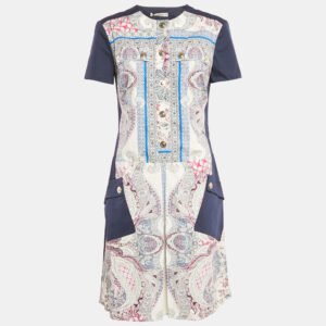etro navy blue printed cotton short dress m