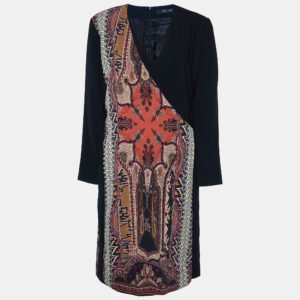 luxury-women-etro-used-clothes-p945088-001 Etro Black Wool Paisley Print Overlay Knee-Length Dress L