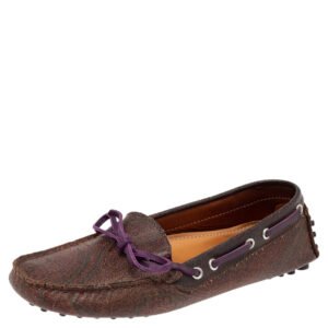Etro Brown Paisley Print Coated Canvas Bow Slip On Loafers Size 38