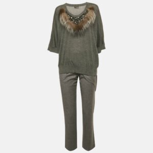 Fendi Grey Fur Trim Cashmere and Wool Knit Top and Pants Set S