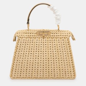 Fendi Beige Woven Leather and Straw Peekaboo Medium Iseeu Top Handle Bag