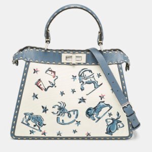 Fendi Blue/Off White Selleria Leather and Canvas Medium Astrology Peekaboo ISeeU Top Handle Bag