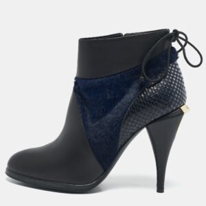 Fendi Black/Blue Leather and Calf Hair Ankle Booties Size 36.5