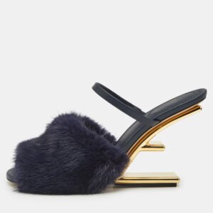 Fendi Navy Blue Mink Fur and Leather Fendi First Slide Sandals Size 39