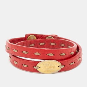 Fendi Selleria Red Leather Gold Tone Double Wrap Bracelet