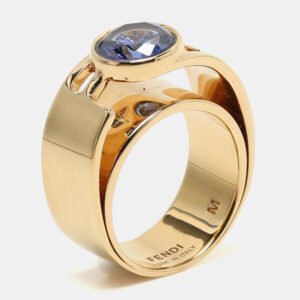 Fendi Gold Tone Crystal Embellished FF Band Ring Size 53