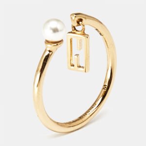 Fendi Baguette Faux Pearl Gold Tone Open Ring Size 54