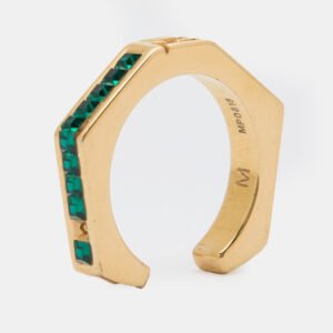 Fendi Gold Tone & Green Crystal Studded Baguette Ring Size 54