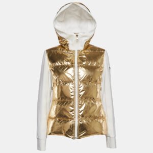 Fendi Gold/White Synthetic & Jersey Quilted Down Hoodie Jacket M