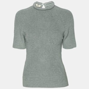 Fendi Mint Blue Knit High Neck Half Sleeve T-Shirt M