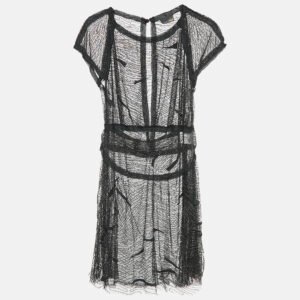Fendi Black Embroidered Tulle Metal Embellished Sheer Mini Dress M