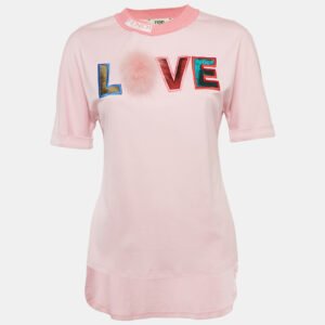 Fendi Special Edition Pink Fox Fur Trim Jersey T-Shirt XS