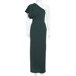 Fendi Dark Green Crepe One Shoulder Maxi Dress S