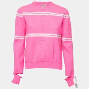Fendi Neon Pink Striped Knit Ribbon Detail Jumper M